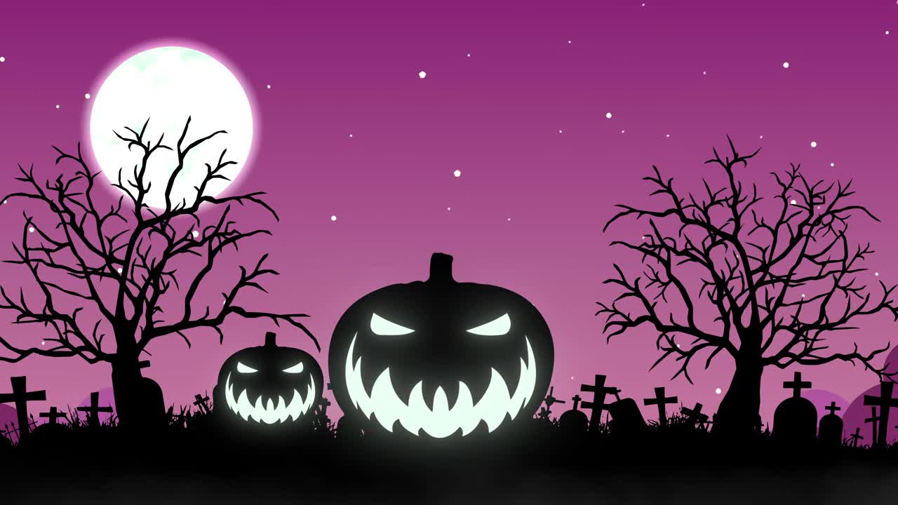 万圣节背景动画-黑暗之夜万圣节的背景与南瓜和蝙蝠飞过月亮视频素材