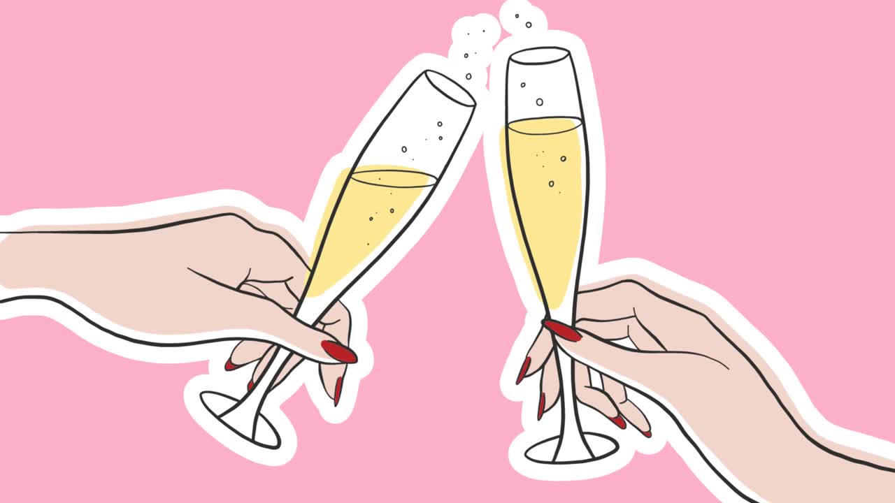 动画的浮动金色开始和卡通手与玻璃杯的香槟在粉红色的背景视频下载
