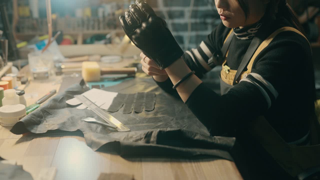 一位年轻的亚洲妇女正在工作台上做皮手套视频下载