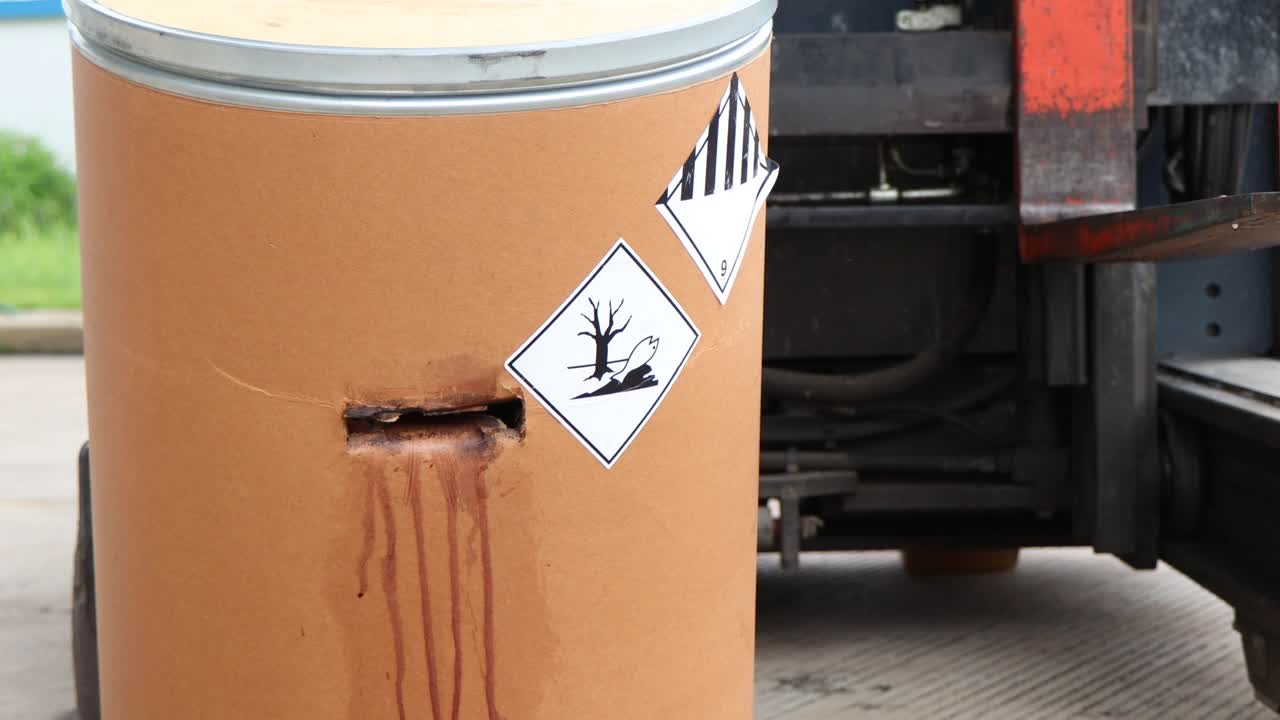 一辆叉车事故撞上了一个危险的化学品储罐视频素材