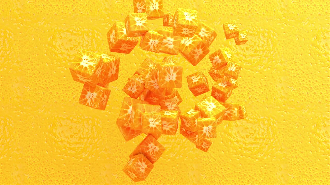 有机健康橙果和新鲜柑橘片3d渲染动画背景，多汁甜橘和成熟美味的柑橘抽象4k动画，夏季素食甜点视频素材