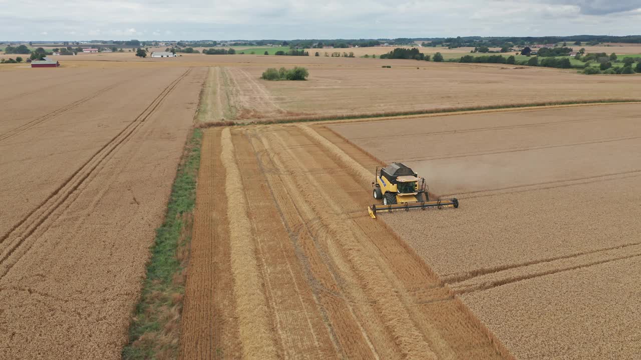 鸟瞰图广阔的农田与收割机在瑞典收获作物视频下载