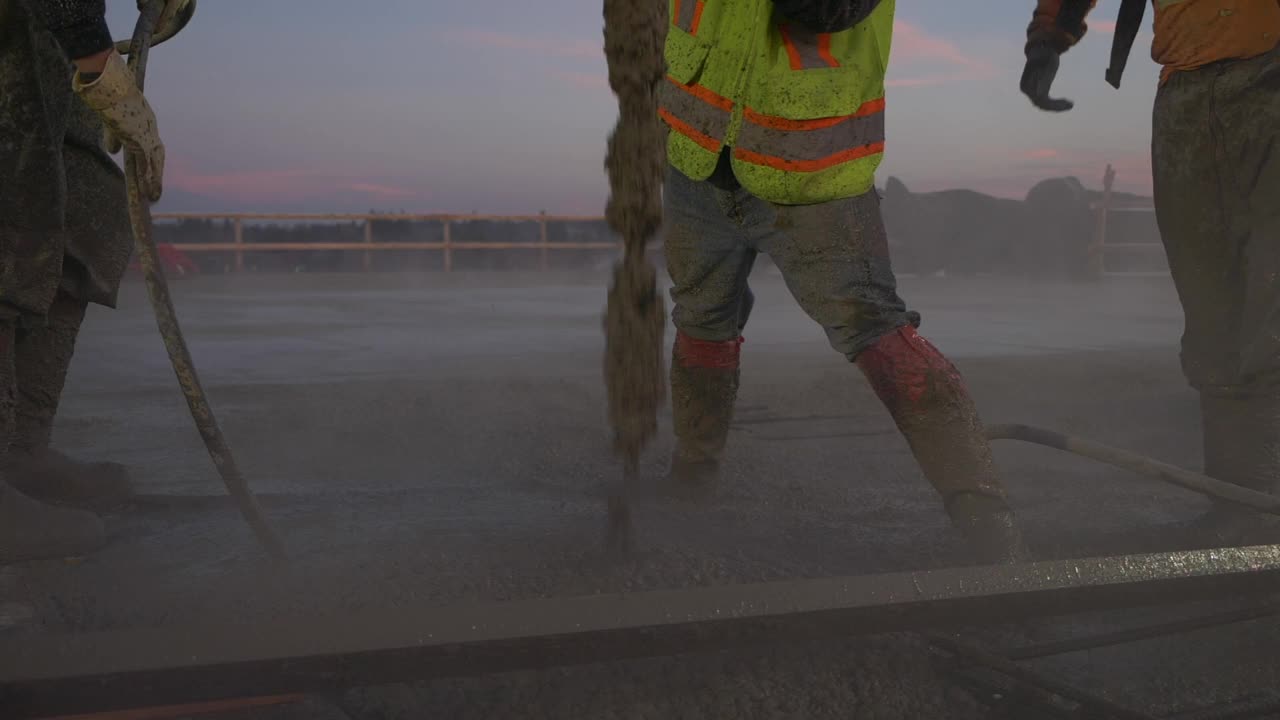 一个建筑工人在一个大型商业工地浇筑混凝土——慢镜头。视频素材