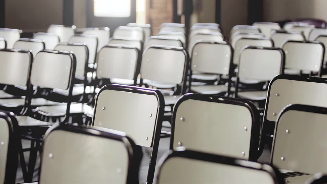 阿根廷因新冠疫情停课期间学校课桌空无一人。缩小，4K分辨率。视频素材