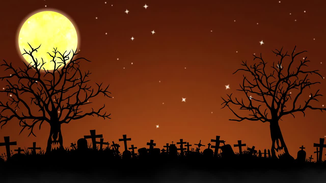 万圣节的背景。万圣节山丘的背景动画与月亮，树和草。恐怖的万圣节之夜动画视频素材