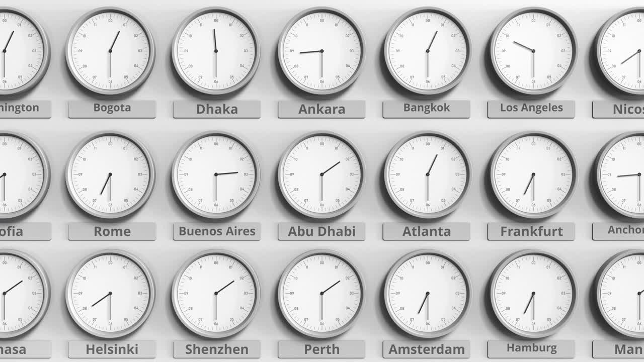 关注显示阿拉伯联合酋长国阿布扎比时间的时钟。三维动画视频素材