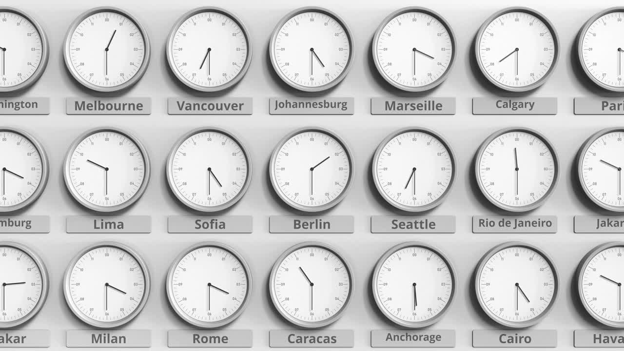圆形时钟显示柏林，德国时间在世界时区内。三维动画视频素材