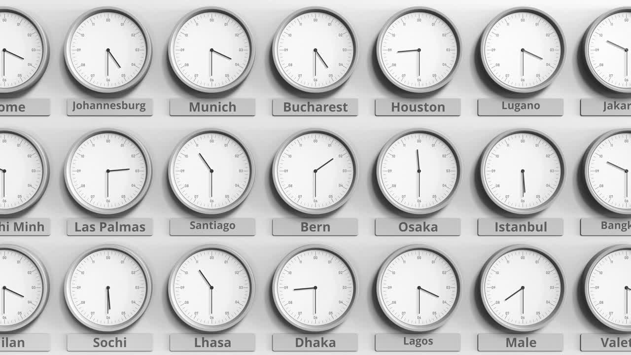 不同时区的时钟显示瑞士伯尔尼时间。三维动画视频素材
