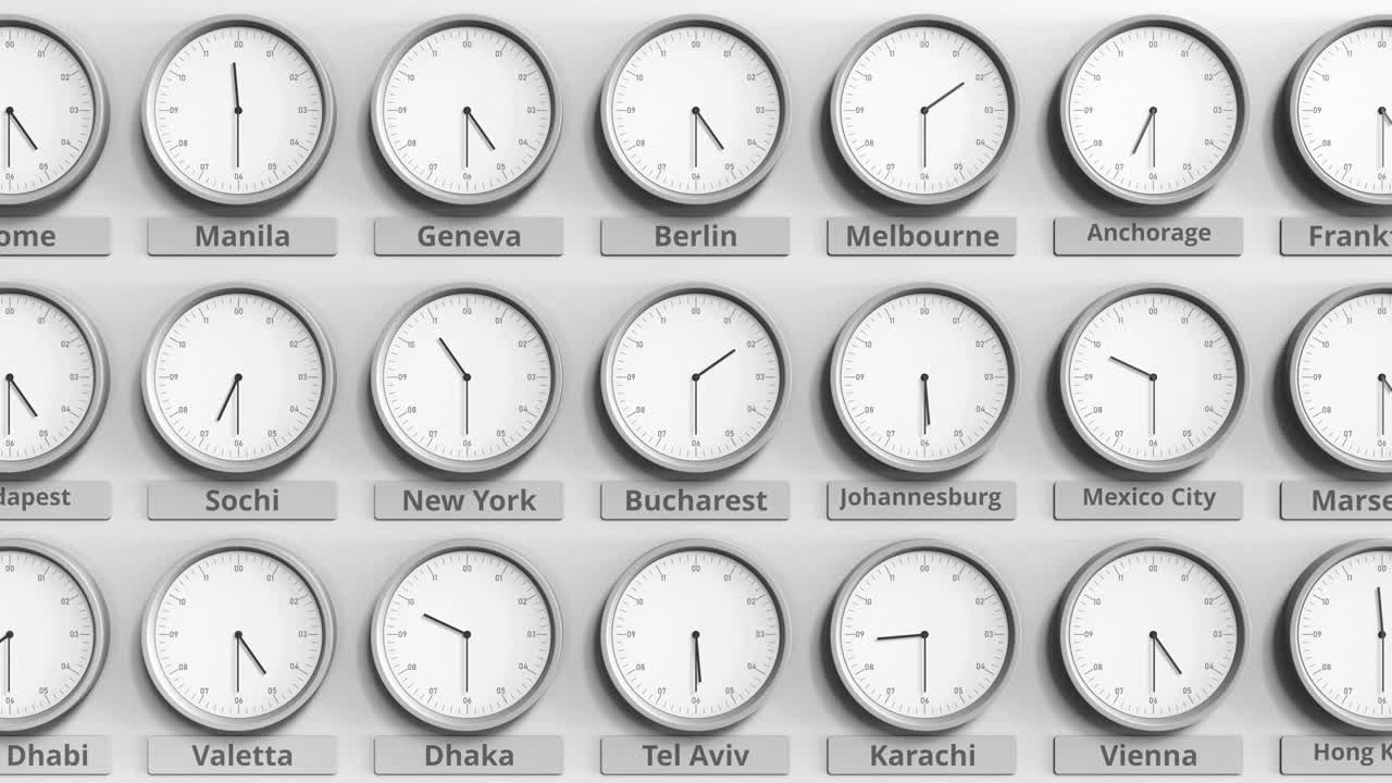 时钟显示罗马尼亚布加勒斯特不同时区的时间。三维动画视频素材