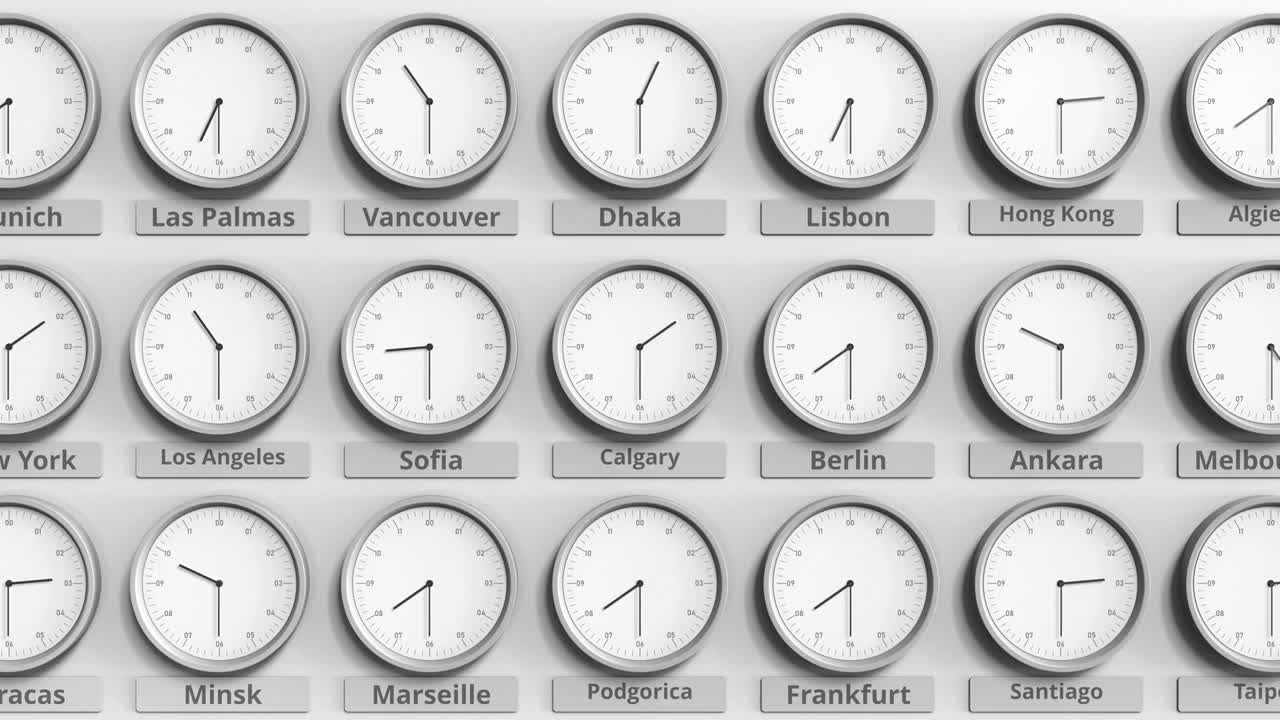 圆形时钟显示卡尔加里，加拿大时间在世界时区内。三维动画视频素材