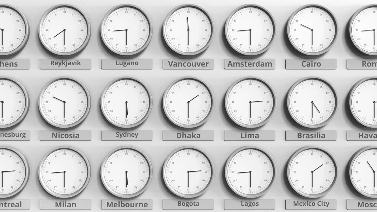 世界时区内的达卡、孟加拉国时间的圆形时钟。三维动画视频素材