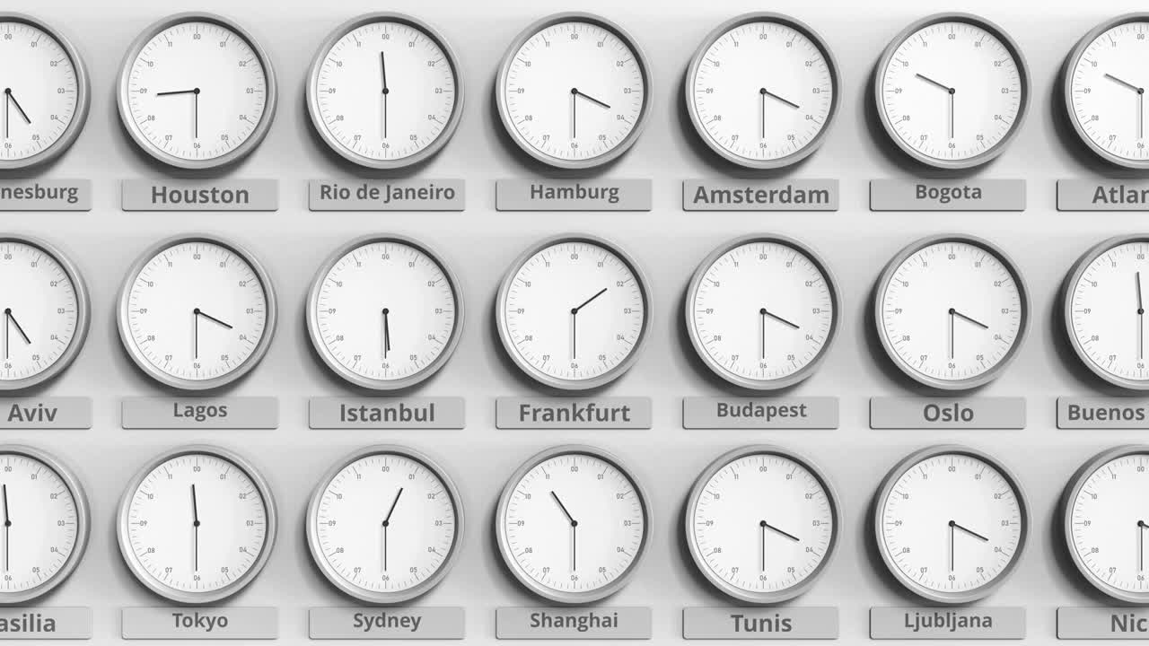 不同时区的时钟显示德国法兰克福时间。三维动画视频素材