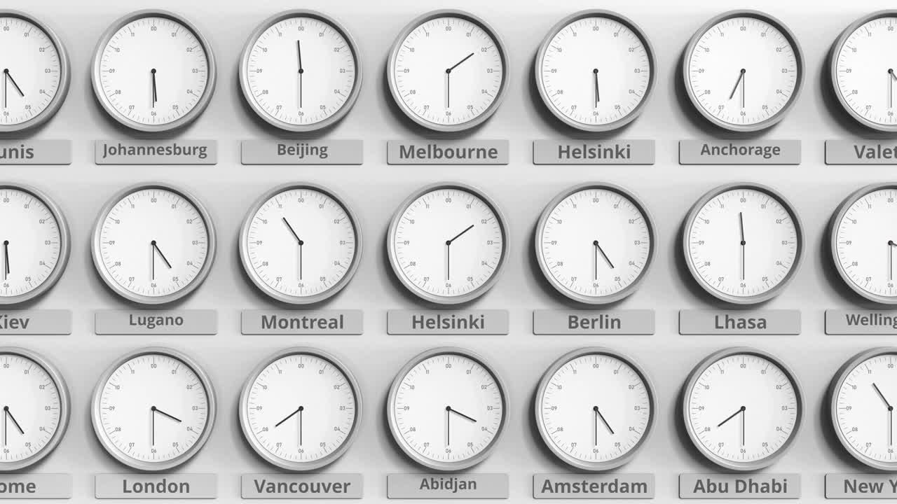 关注芬兰赫尔辛基时间的时钟。三维动画视频素材