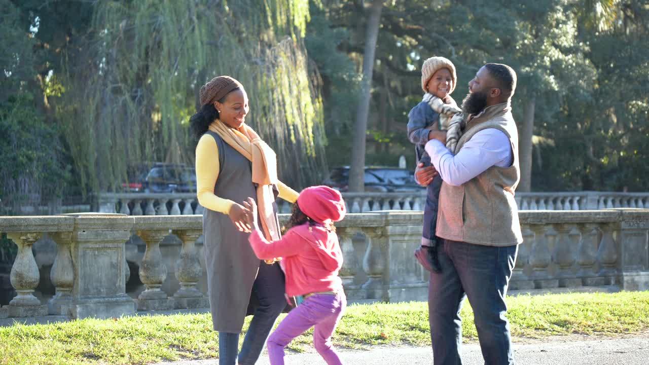 阳光灿烂的秋日，非洲裔美国家庭在公园视频素材