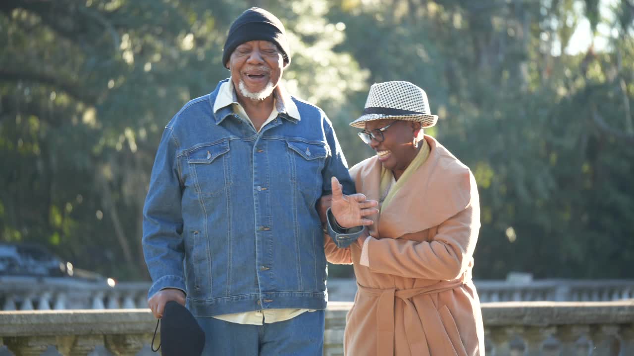 一对非洲裔老夫妇在阳光明媚的日子里在公园散步视频素材
