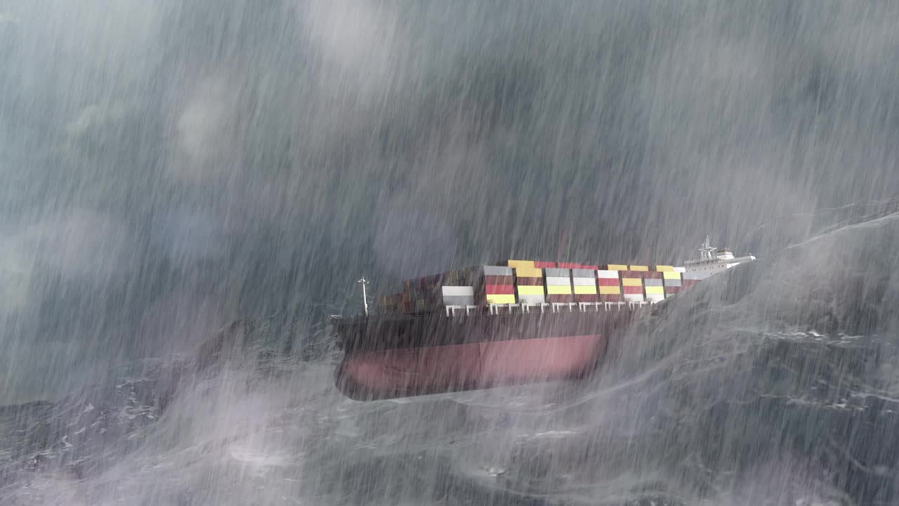 大型货船，集装箱在暴风雨的海洋，空中视频下载