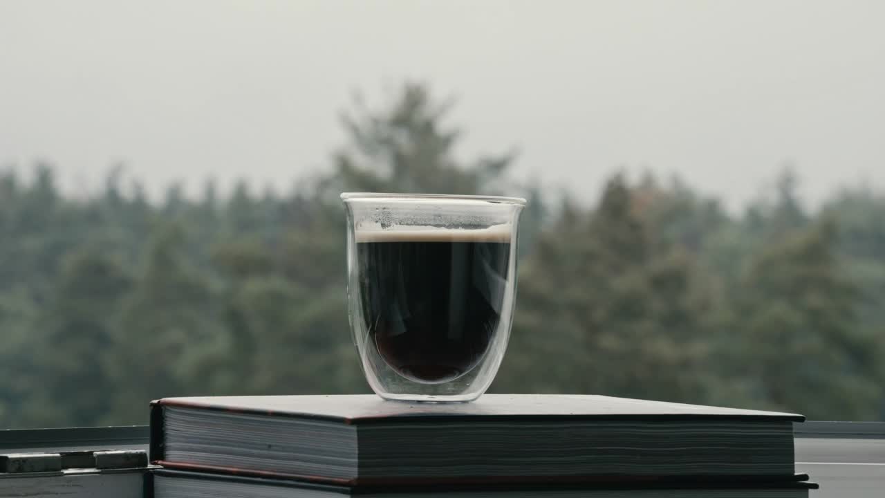一杯咖啡站在窗台上，倚着森林的背景，清晨的例行公事视频下载