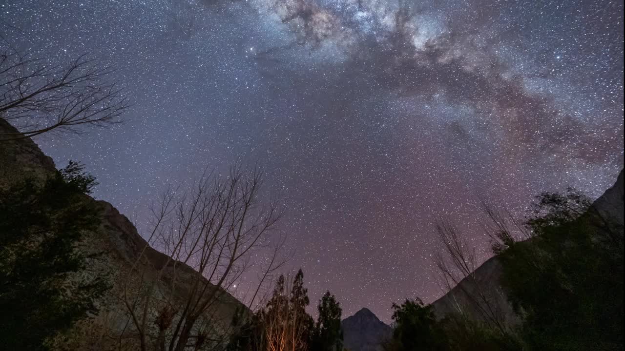 在智利的Valle del Elqui山脉之间的山谷中，银河在移动的时间间隔。视频素材
