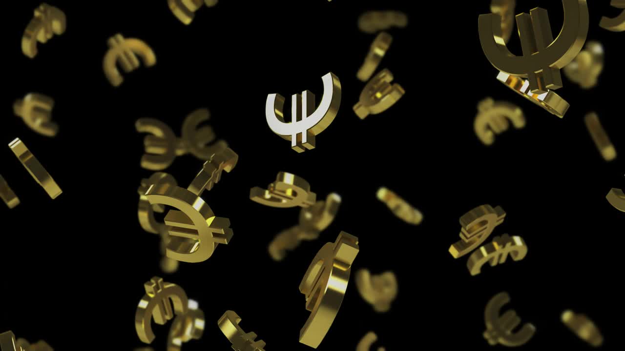 下跌的黄金欧元标志在一个透明背景与景深。3D循环动画ProRes 4444视频下载