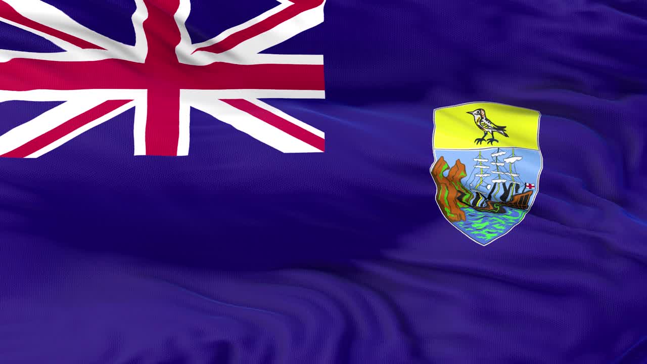 圣赫勒拿旗正在挥舞3D动画。圣赫勒拿岛的旗帜在风中飘扬。圣赫勒拿岛国旗。4K国旗无缝循环动画。视频下载