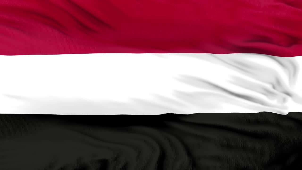 也门国旗正在挥舞3D动画。也门国旗在风中飘扬。也门国旗。标志无缝循环动画。4 k视频下载