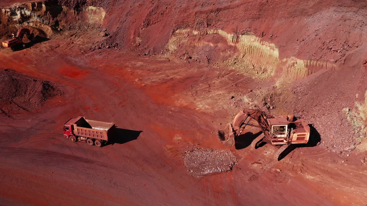 露天铁矿及重型采矿设备鸟瞰图。矿用自卸卡车和挖掘机视频素材