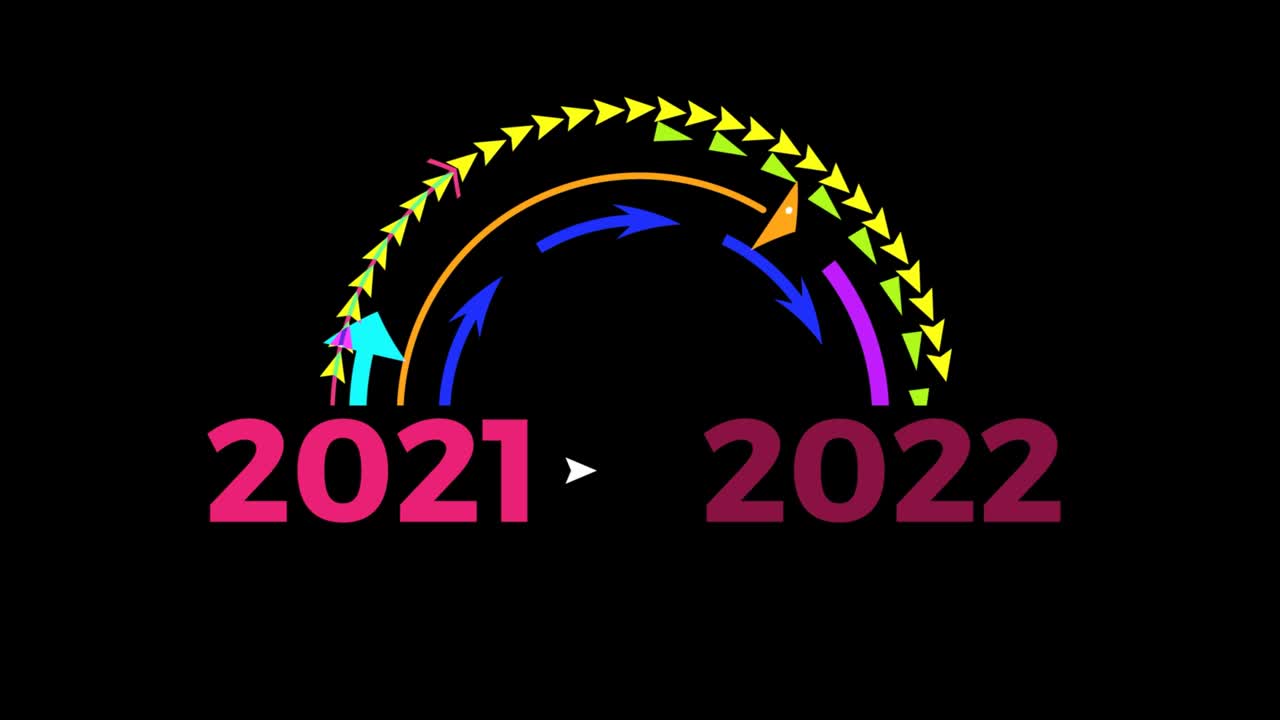更改日期从2021年到2022年的黑色背景与箭头。动画插图的新年视频素材