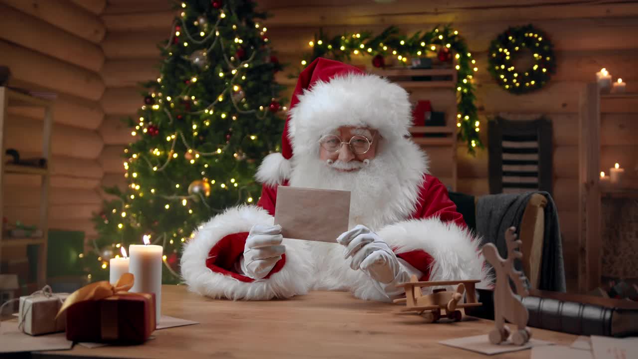 圣诞老人在装饰精美的室内拿着一个干净的信封，微笑着向镜头挥手，视频素材