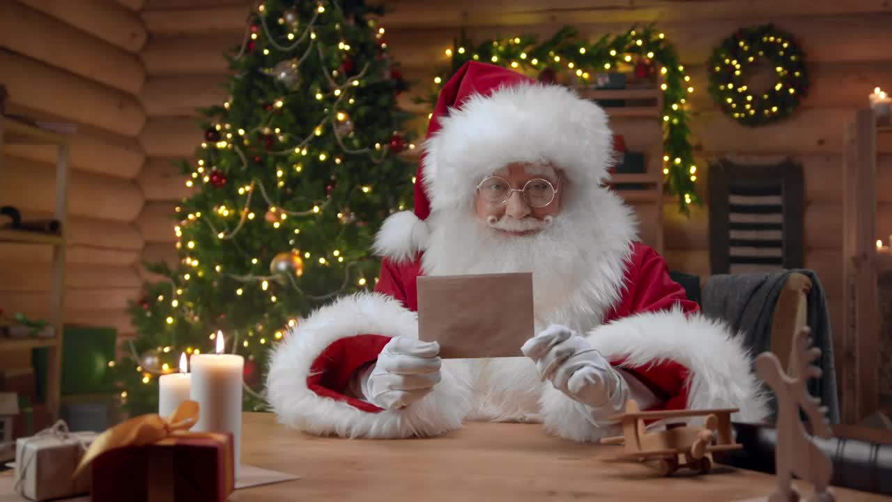 一段放大的视频显示，圣诞老人在装饰精美的室内拿着一个干净的信封，对着镜头挥手视频素材