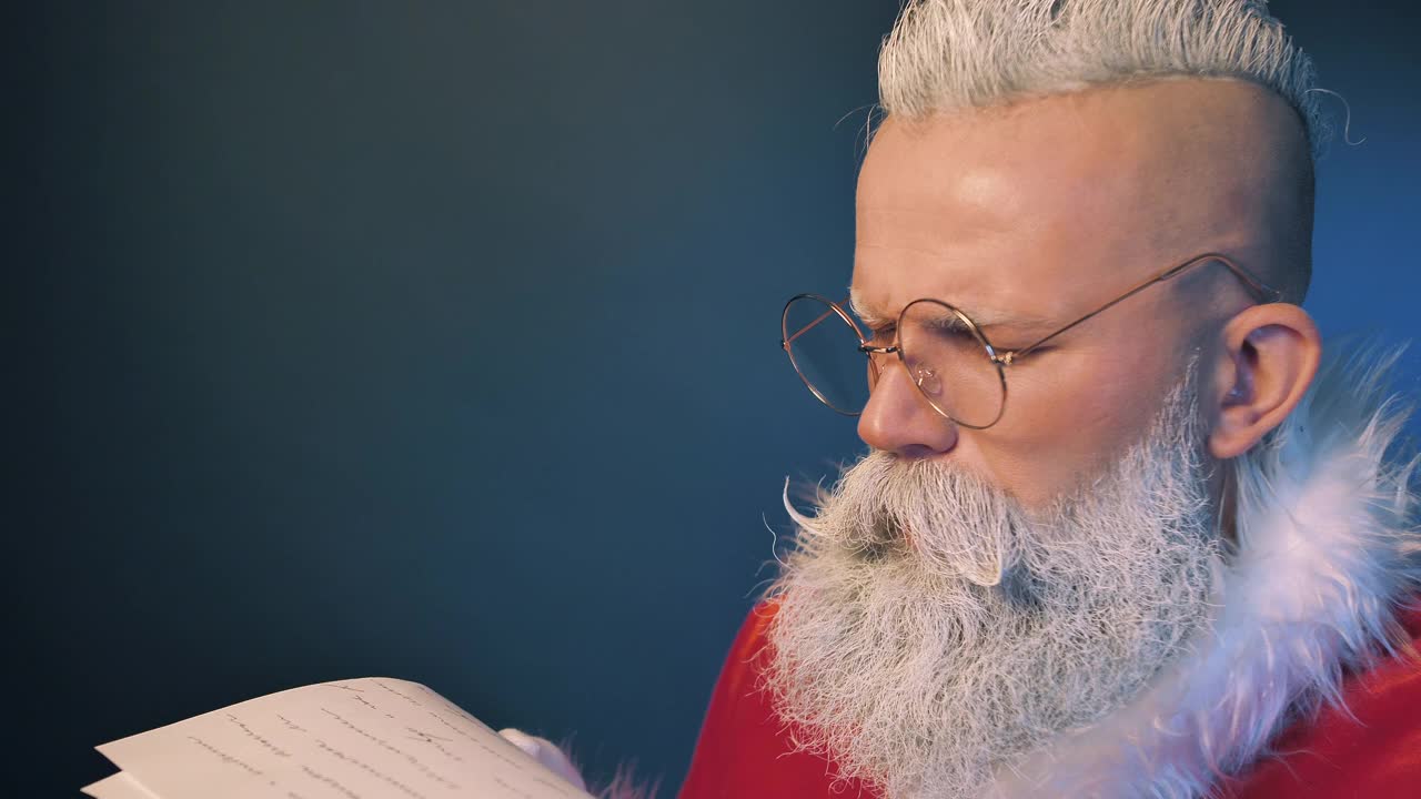 圣诞老人在圣诞节、新年前读祝福信、礼物清单时感到惊讶视频下载