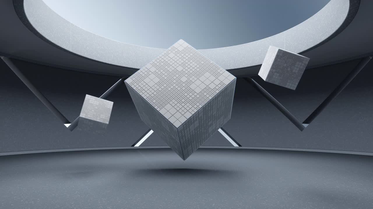 圆形房间里的立方体，3d渲染。视频下载