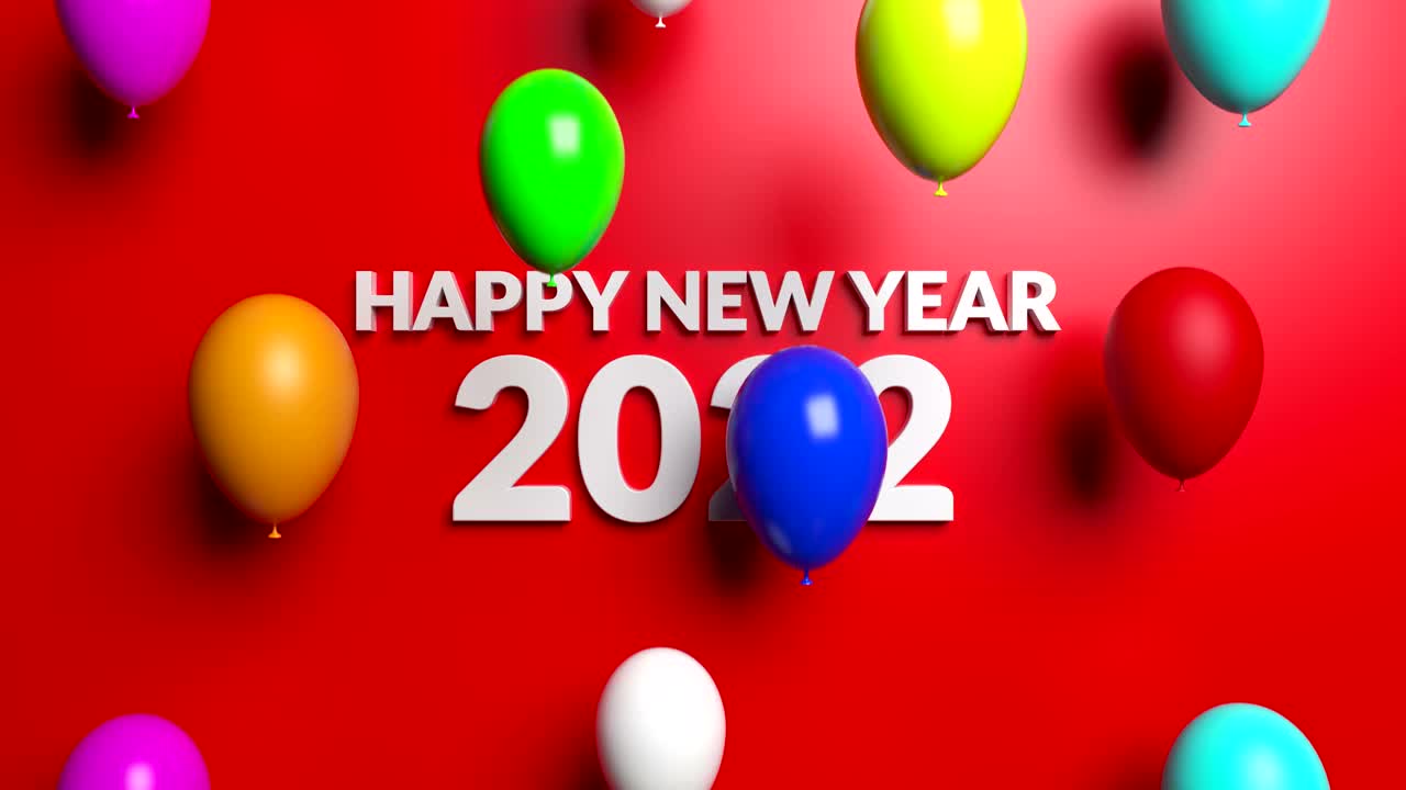 2022年新年快乐概念与飞行彩色气球在红色背景。毛圈4 k的动画视频下载