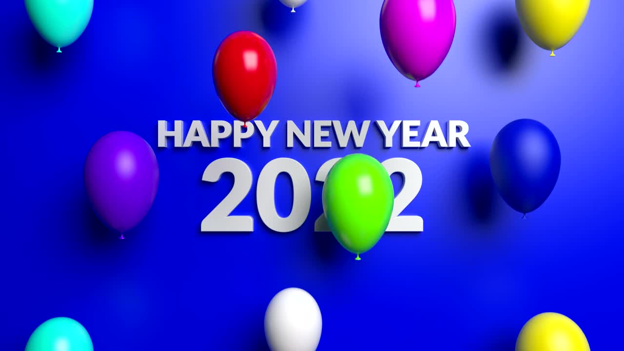 在蓝色背景上放飞彩色气球的2022年新年概念。毛圈4 k的动画视频下载