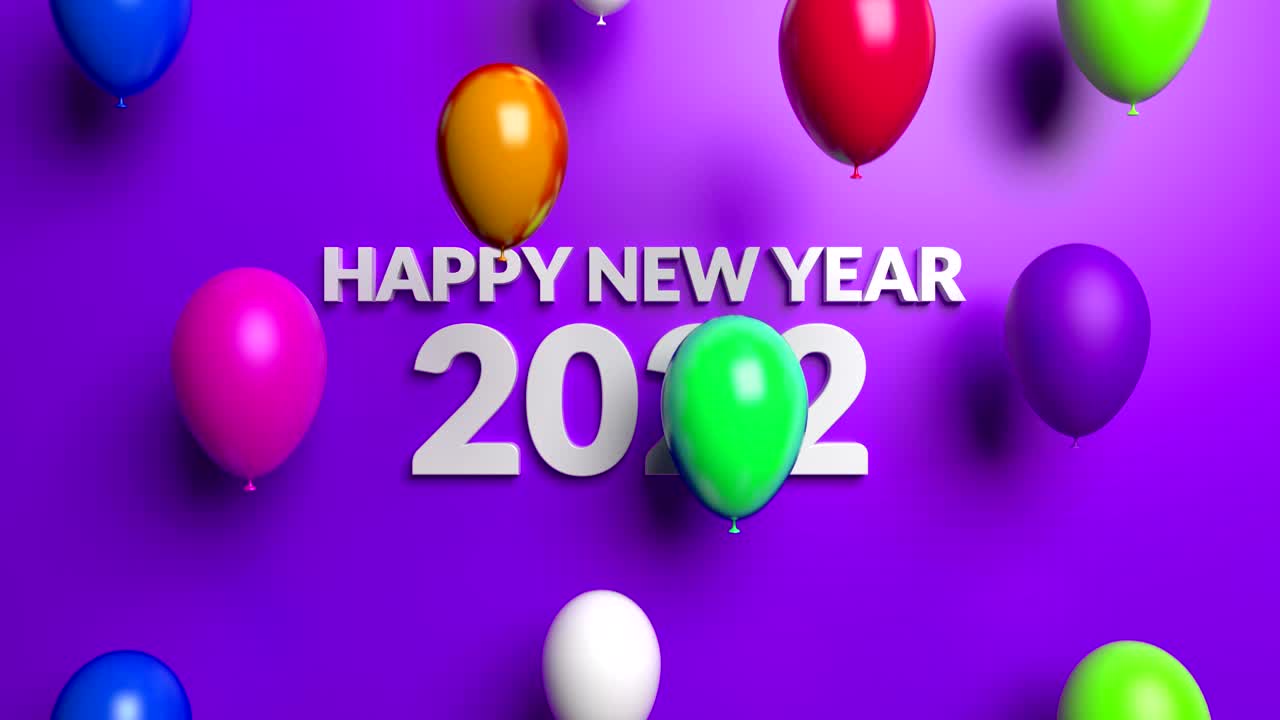 在紫色背景上放飞彩色气球的2022年新年概念。毛圈4 k的动画视频下载
