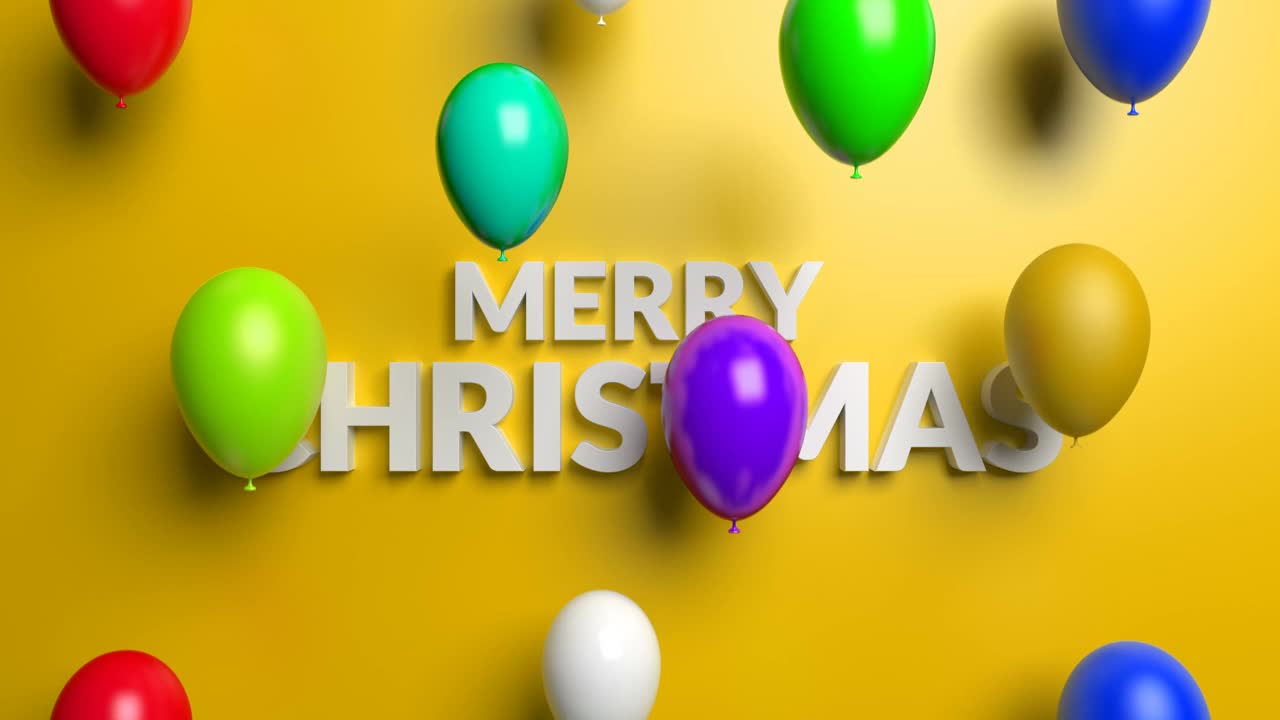 在黄色背景上放飞彩色气球的圣诞快乐概念。循环3 d动画视频下载