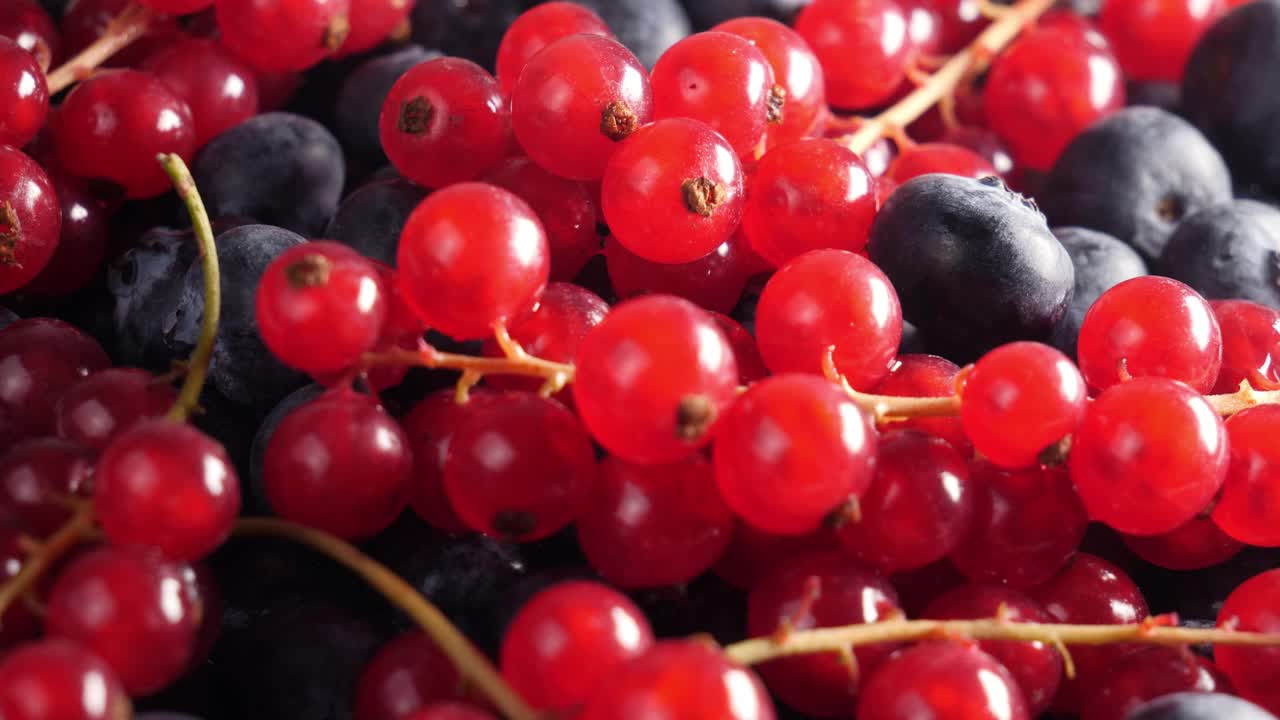 红醋栗和蓝莓的红浆果在盘子里旋转视频下载