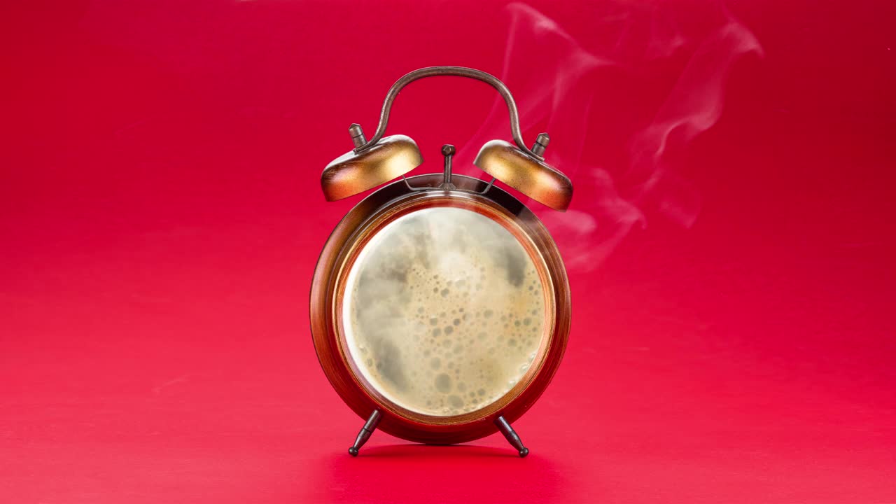 概念视频-闹钟的刻度盘里有刚煮好的咖啡，蒸汽来了。红色的背景。视频下载