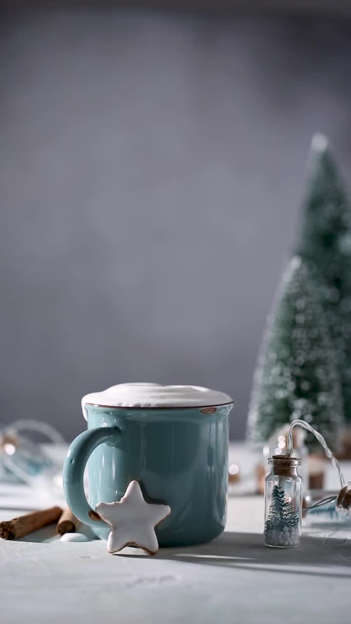圣诞节喝。在一杯热巧克力中撒上肉桂，配以姜饼星状的白釉装饰饼干。全高清25 fps垂直视频素材视频素材