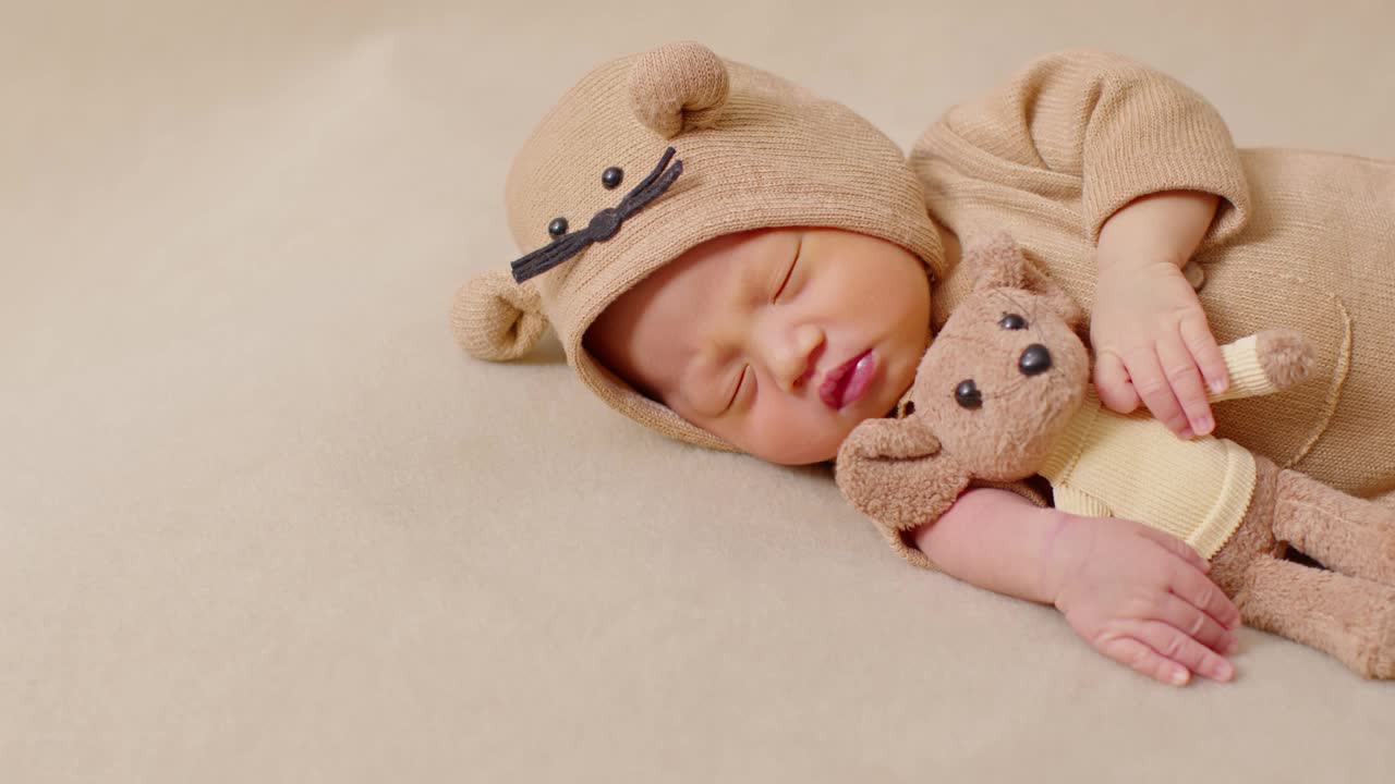 快乐的新生婴儿断奶可爱的老鼠服装躺着睡觉和拥抱娃娃米色的背景舒适和安全。可爱的亚洲婴儿在婴儿床上睡觉和打盹。新生儿摄影理念视频素材