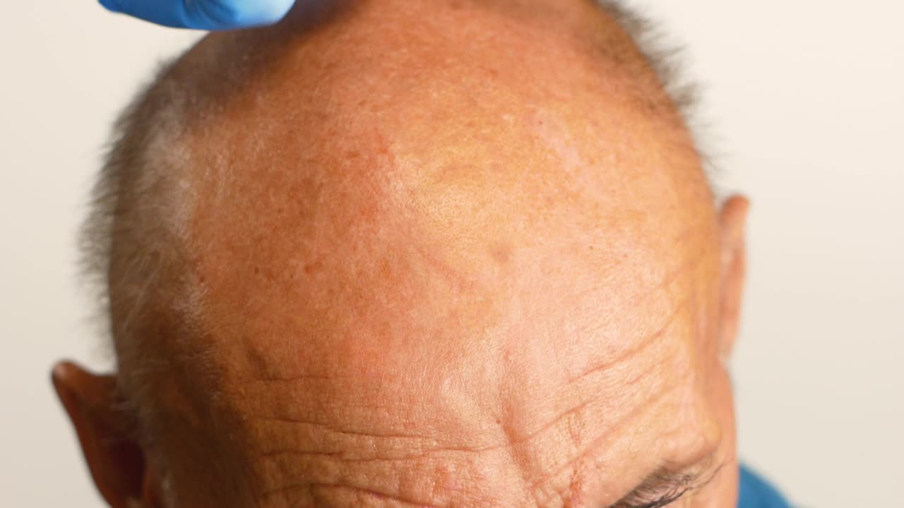 近距离观察医生戴着手套的手在一个秃顶男人的头上做手术。治疗男性脱发。秃头的男人想要回他的头发。有选择性的重点视频素材