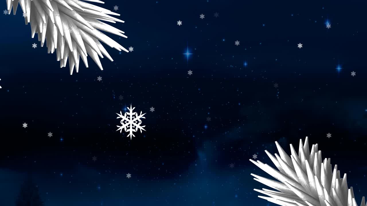 圣诞树的树枝上飘着雪花，蓝色的背景上闪耀着蓝色的星星视频素材