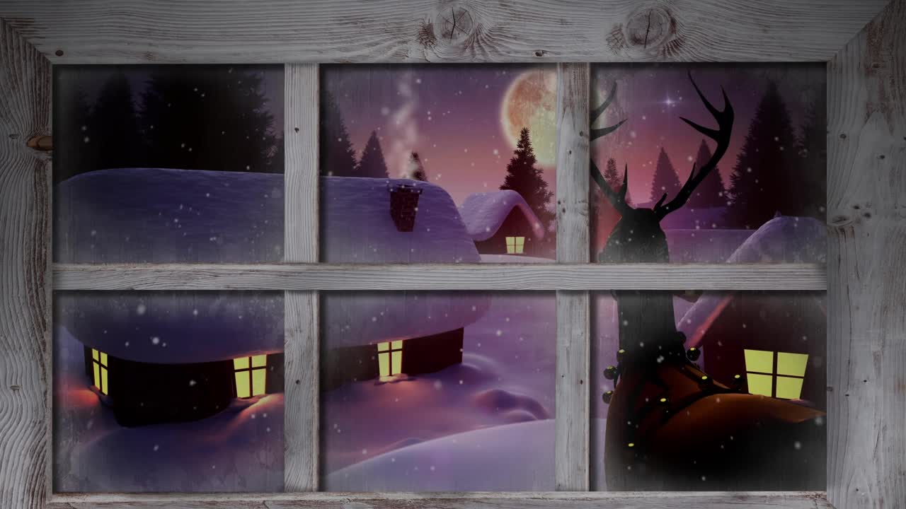 在冬天的风景中，木质的窗框挡住了多座房屋和树木上飘落的雪视频素材
