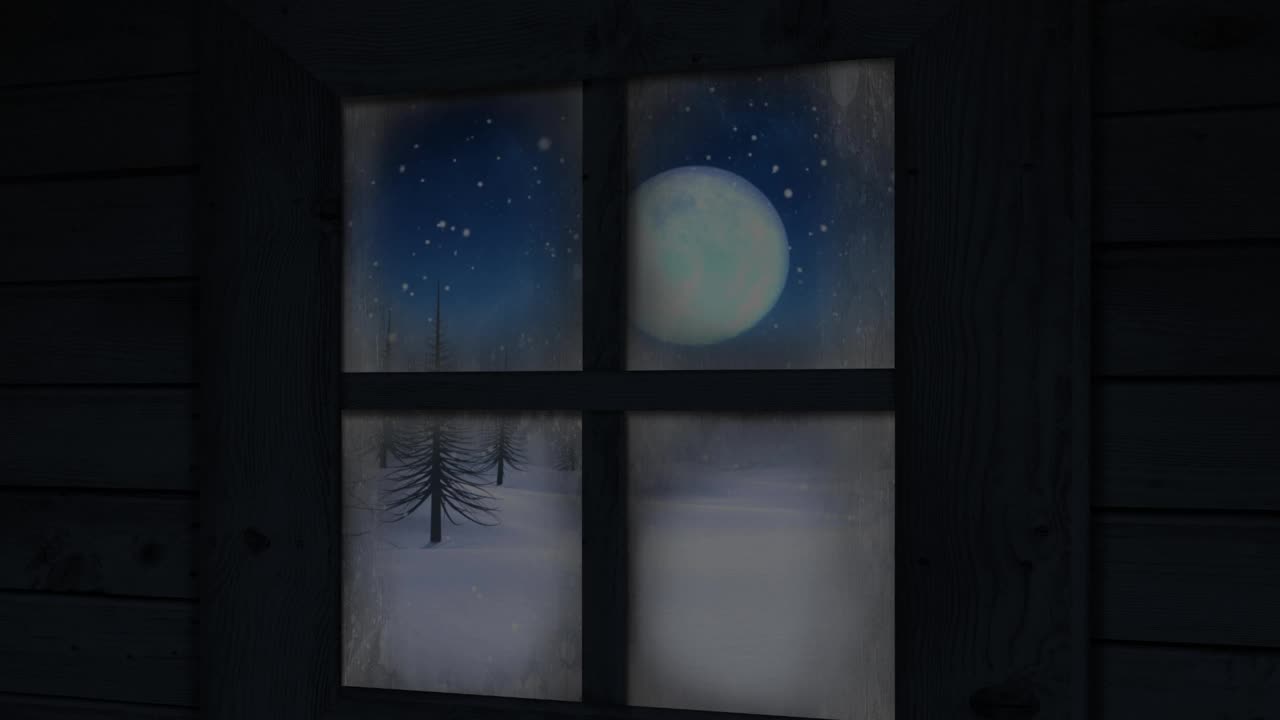 窗框上的圣诞老人在驯鹿拉的雪橇在冬季景观视频素材