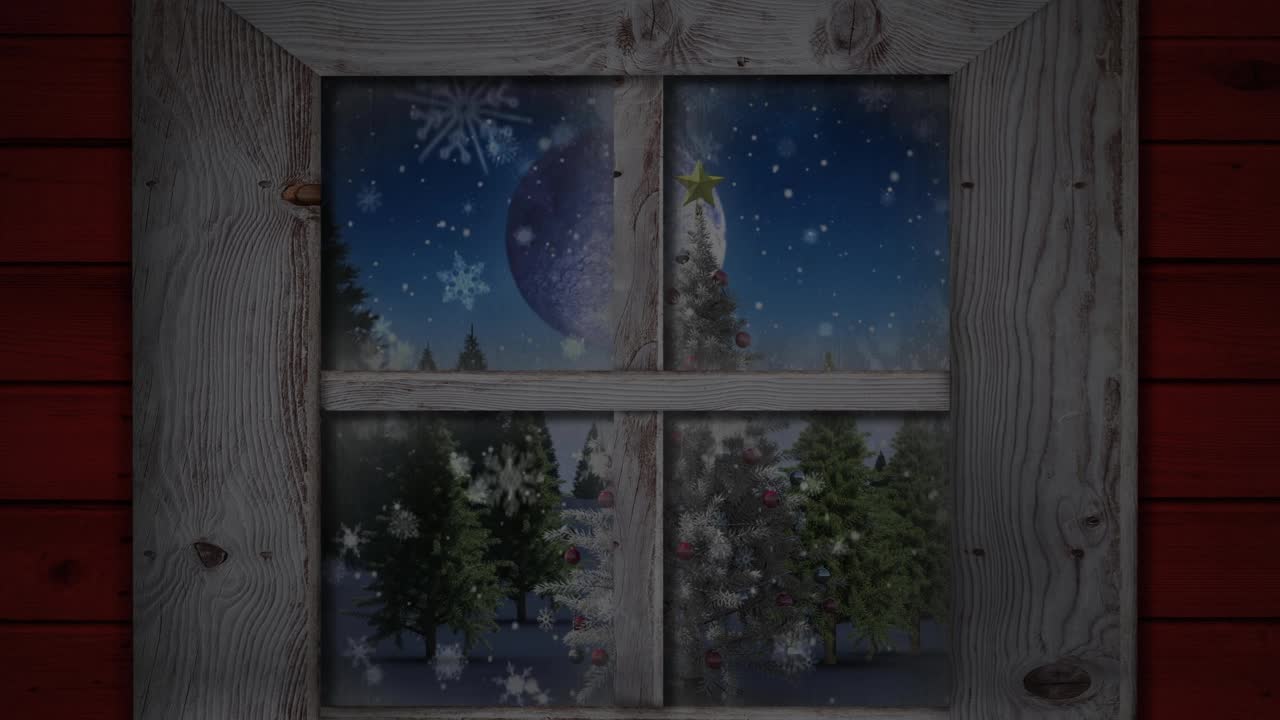 木窗框映衬着雪花飘落在圣诞树上的冬日风景视频素材