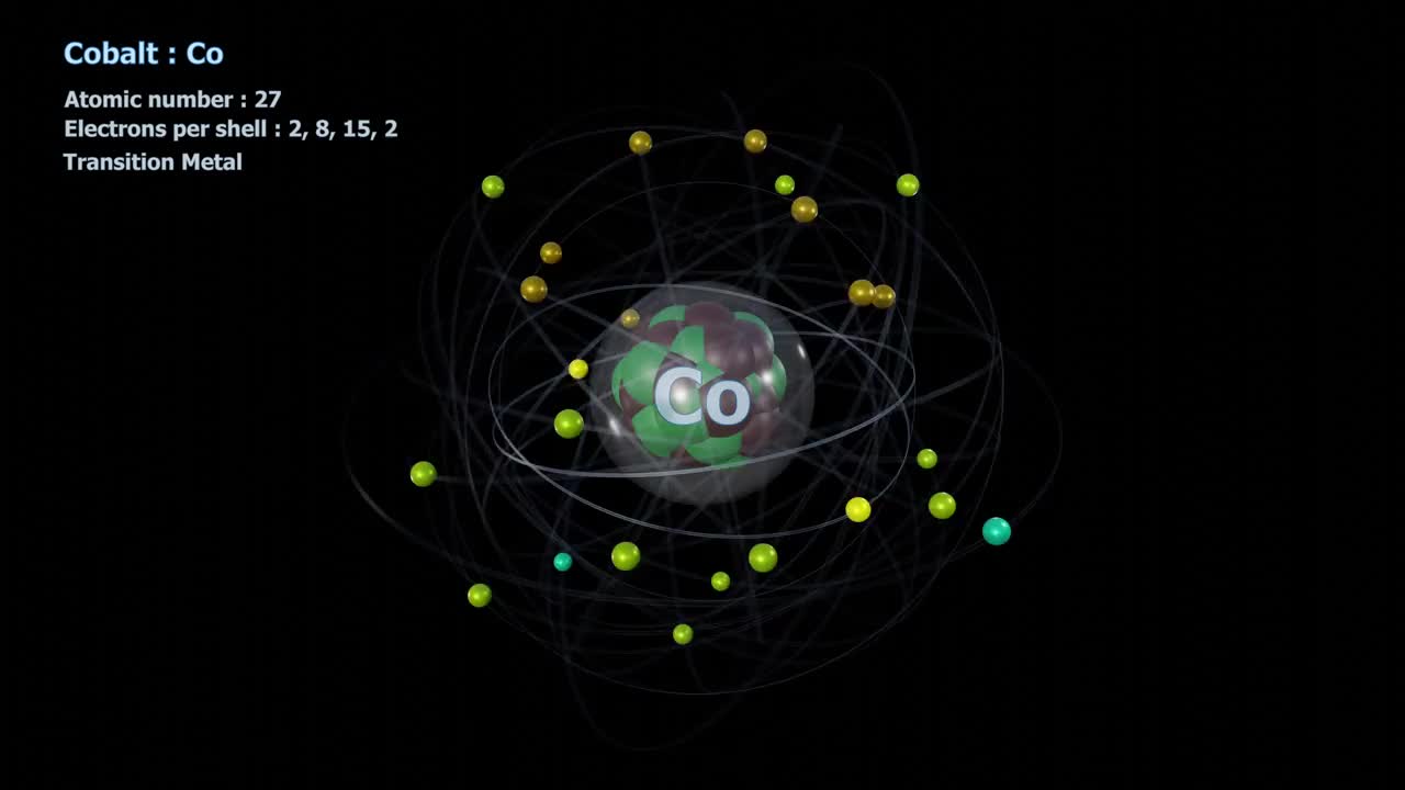 钴原子，27个电子，在黑色上无限轨道旋转视频下载