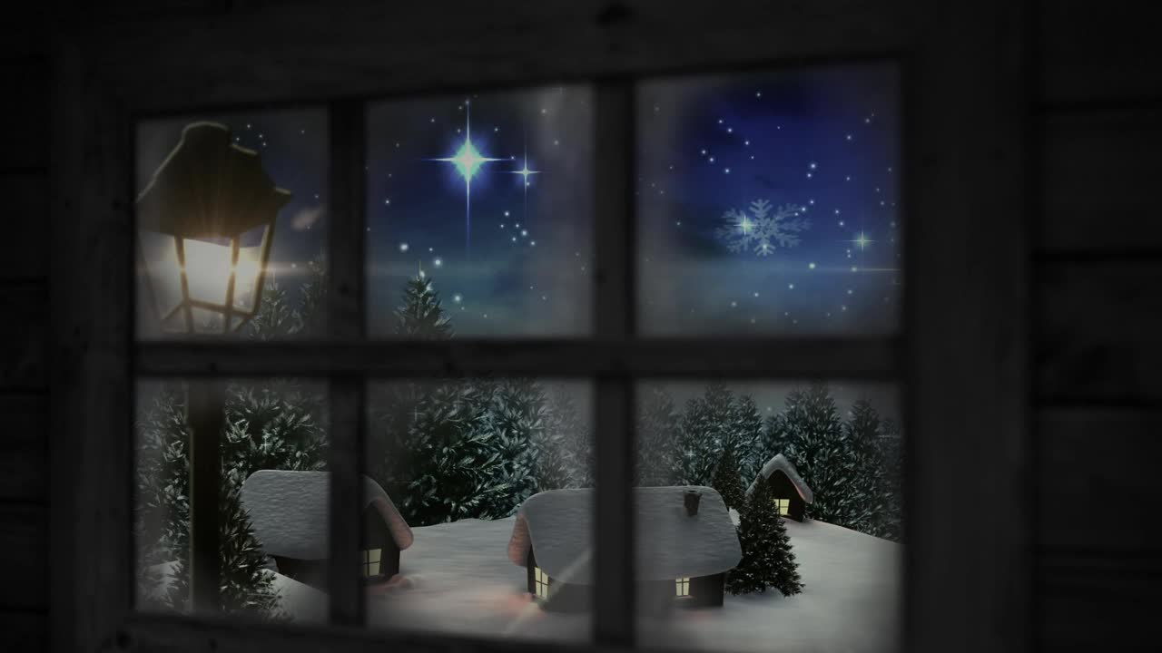 在冬日的风景中，木窗与雪花相映成片视频素材
