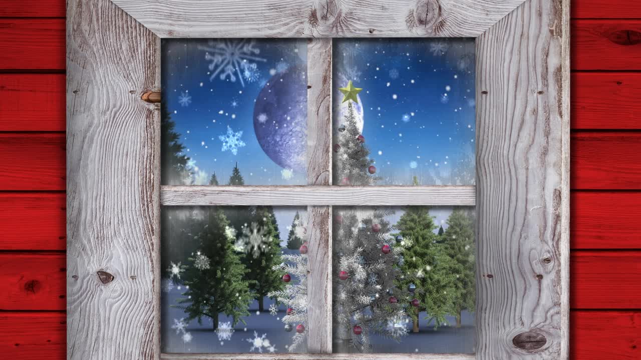 窗框上飘落的雪花映衬着圣诞树上的冬日风景视频素材