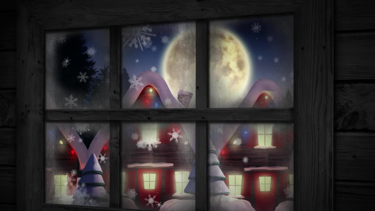 在冬日的风景中，木窗与雪花相映成片视频素材
