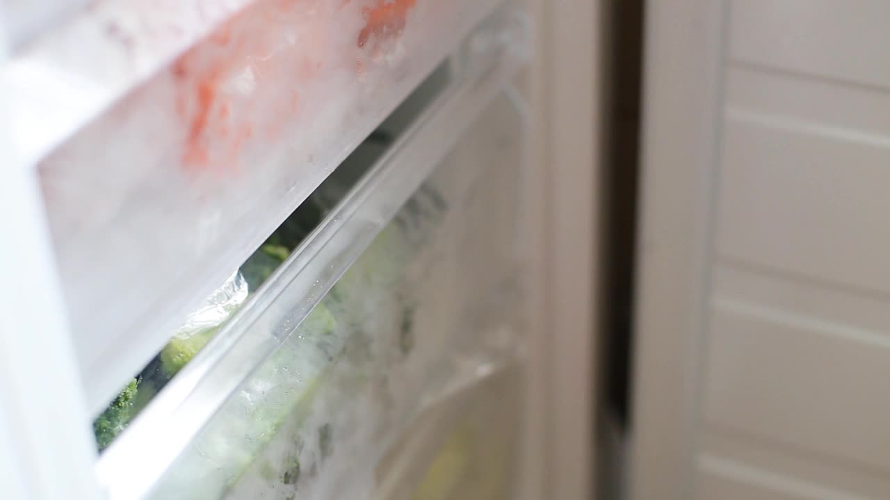 女人的手把冷冻的花椰菜从冰箱里拿出来。冰箱里的蔬菜。适当的营养，饮食，烹饪视频下载