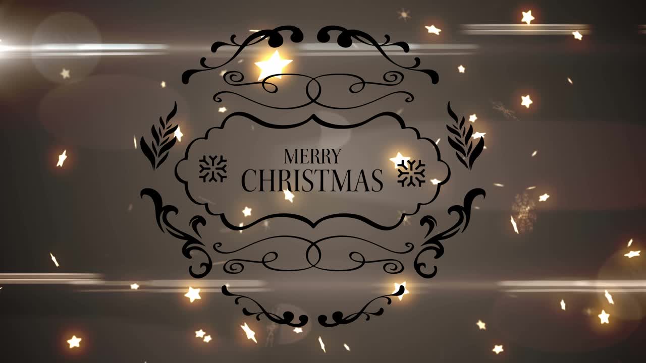 圣诞快乐的文字横幅对多个发光的星星浮动在灰色的背景视频素材
